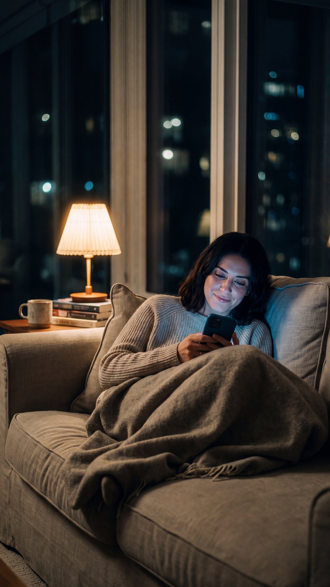 Vrouw op de bank scrolt 's avonds op haar telefoon