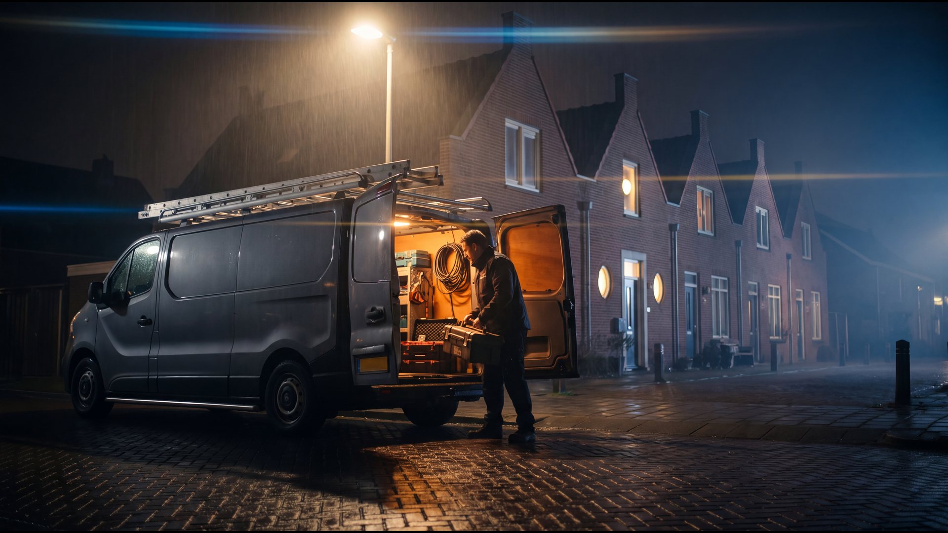Bedrijfsbus met open achterdeuren onder een straatlantaarn