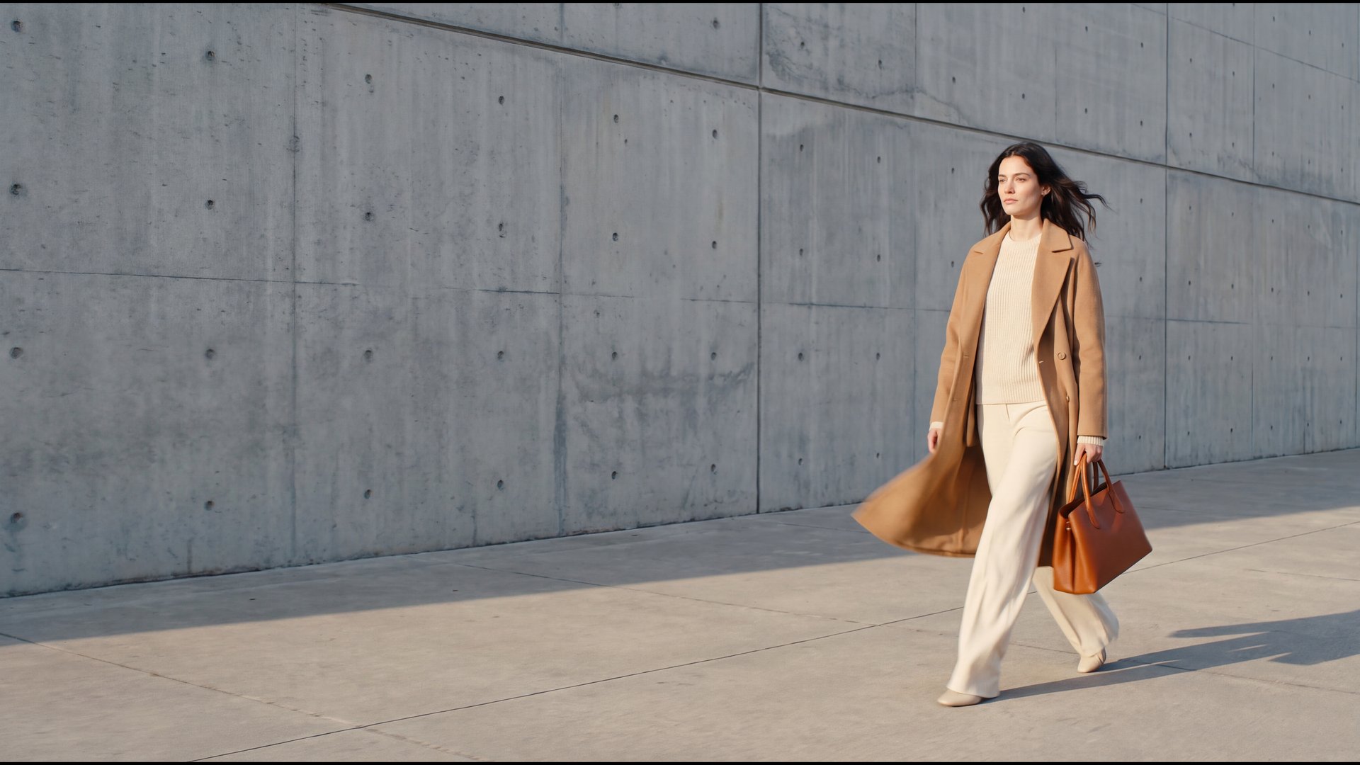 Model in camel jas met leren tas langs een betonmuur