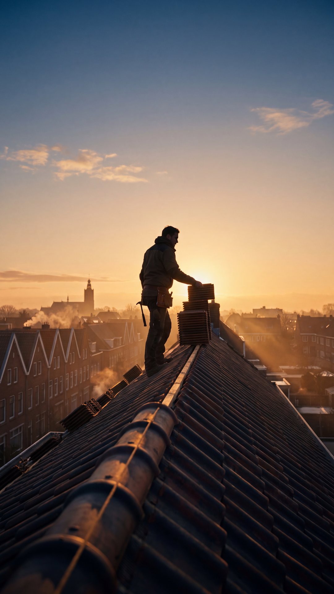 Dakdekker op de nok van een pannendak bij zonsopgang