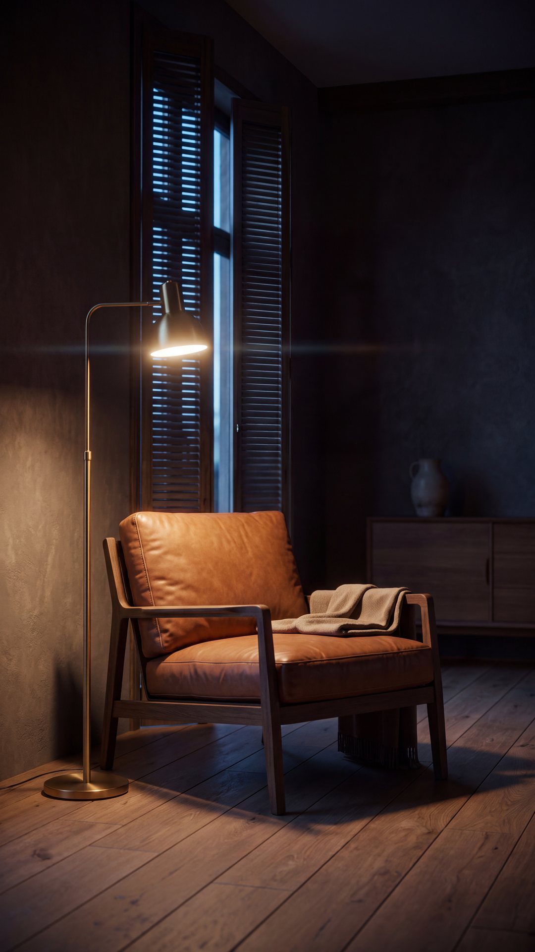 Leren fauteuil in het licht van een staande lamp