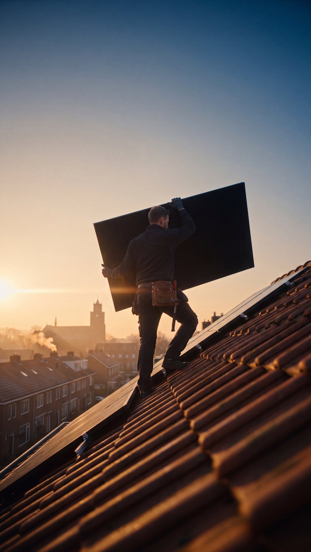 Installateur draagt een zonnepaneel het pannendak op