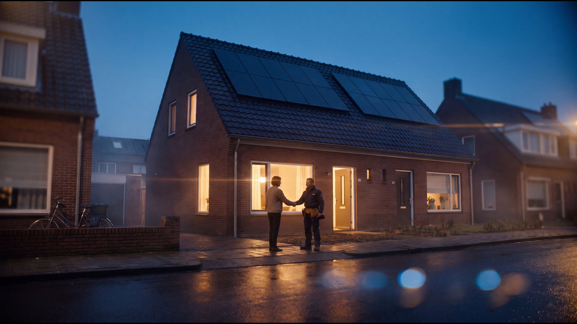 Bewoner en vakman geven elkaar een hand voor een gerenoveerd huis