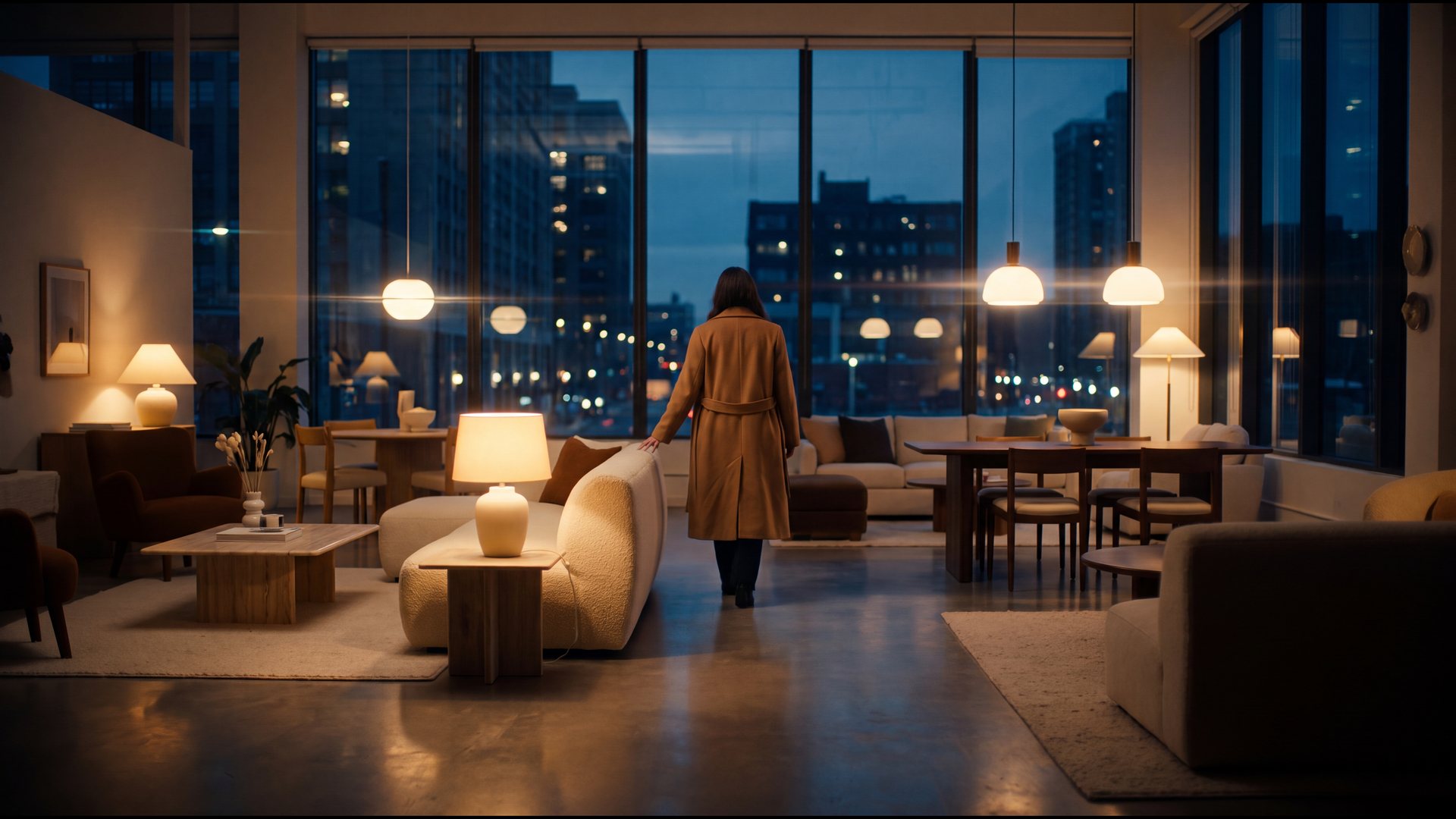 Meubelshowroom in de avond met stadslicht achter het glas