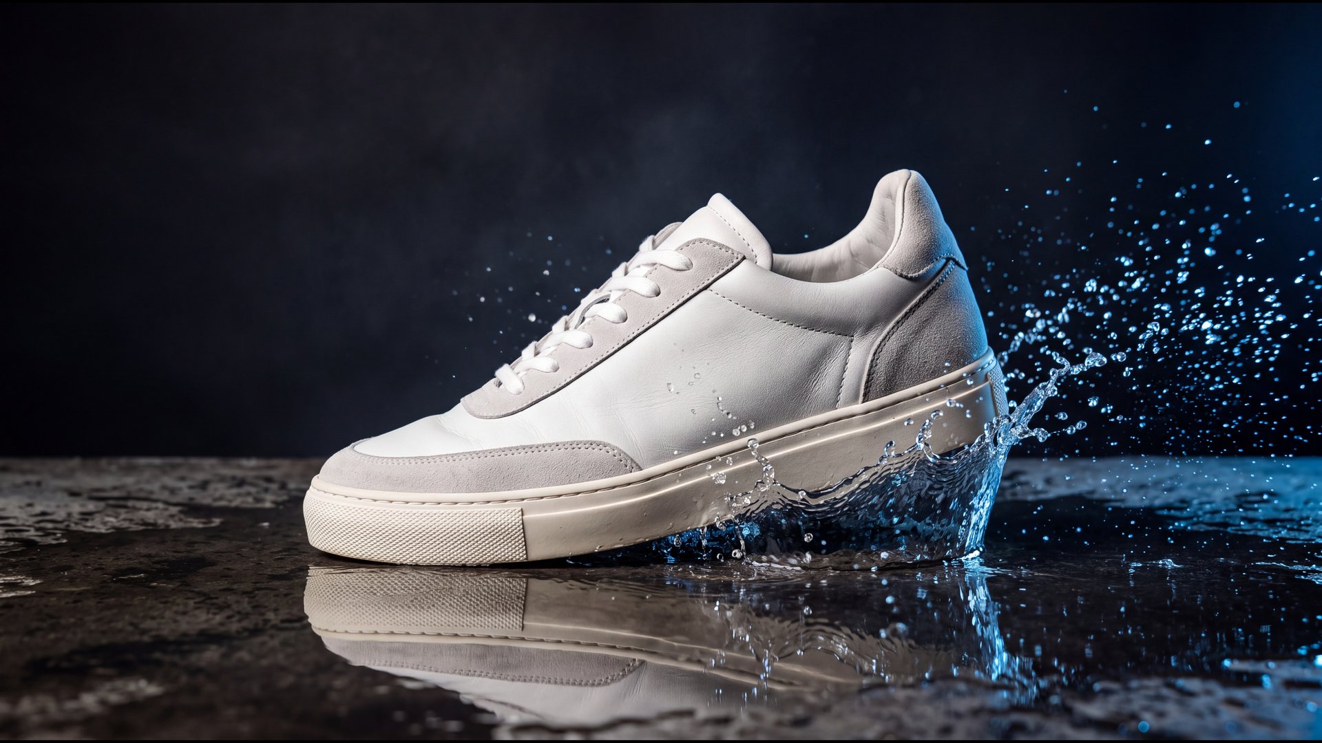 Witte leren sneaker in een opspattende waterkroon