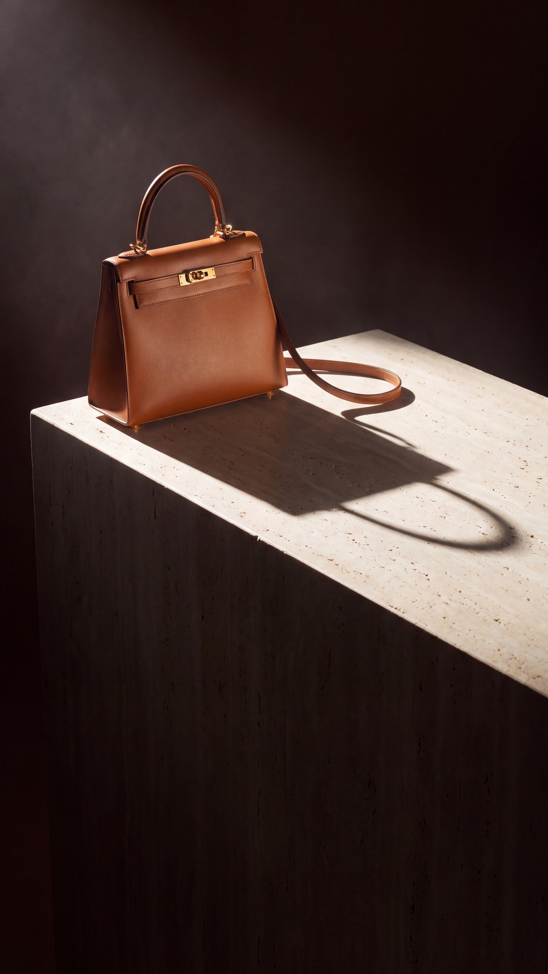 Cognac leren handtas op een travertin sokkel in hard licht
