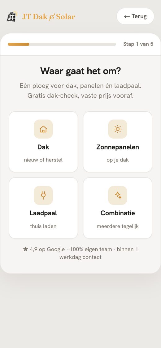 Aanvraagformulier JT Dak & Solar, stap 1: Waar gaat het om?