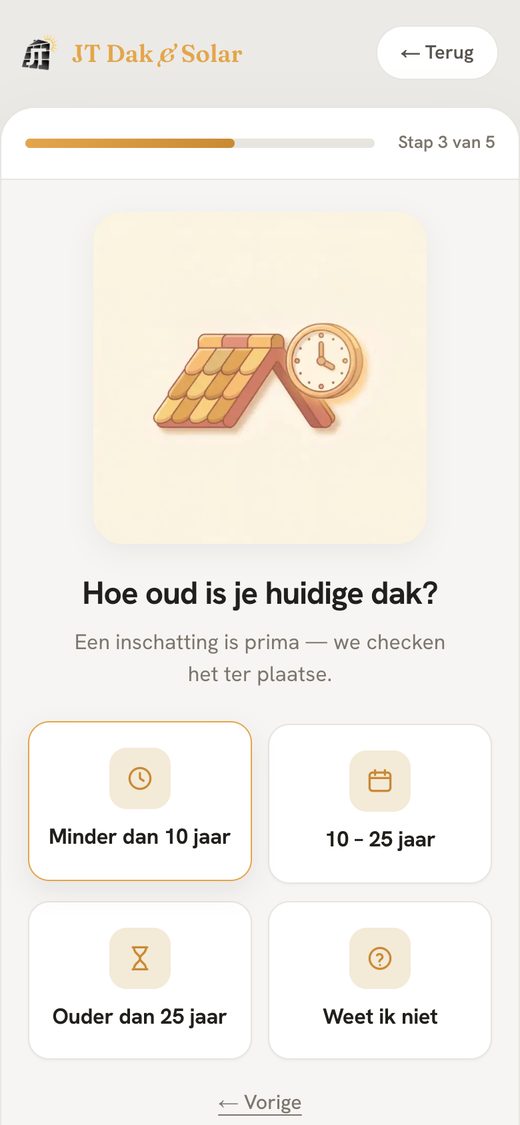 Aanvraagformulier JT Dak & Solar, stap 3: Hoe oud is het dak?