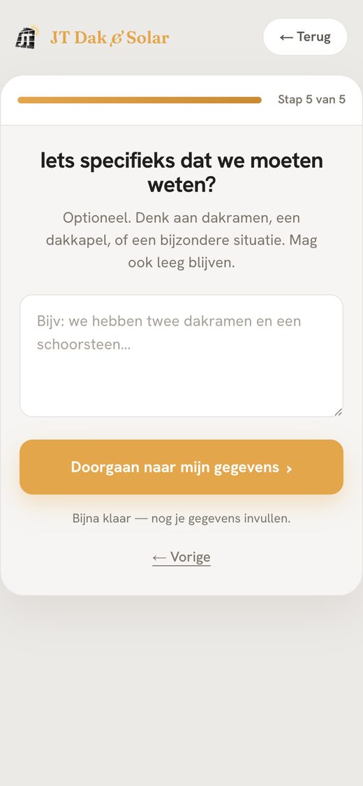 Aanvraagformulier JT Dak & Solar, stap 5: Nog iets bijzonders?